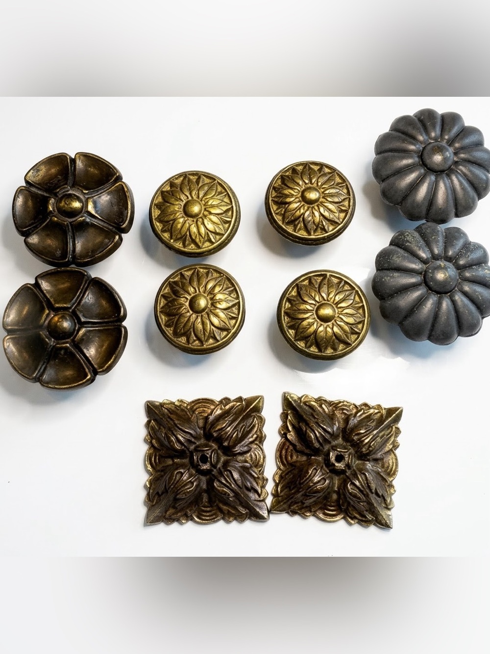 Vintage Canada & Lyster Brass Hardware Knob Lot Scalloped Square 10pc